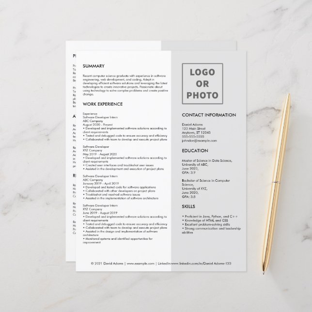 Simple Modern Gray White Grad Resume CV Template  (Front/Back In Situ)