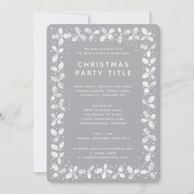 Simple Modern Gray + White Holly Christmas Party Invitation (Front)