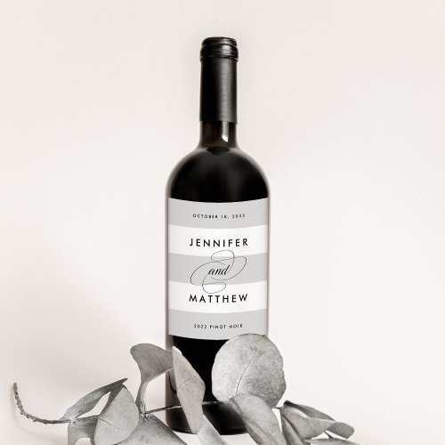 Simple Modern Gray  White Stripe Wedding Wine Label