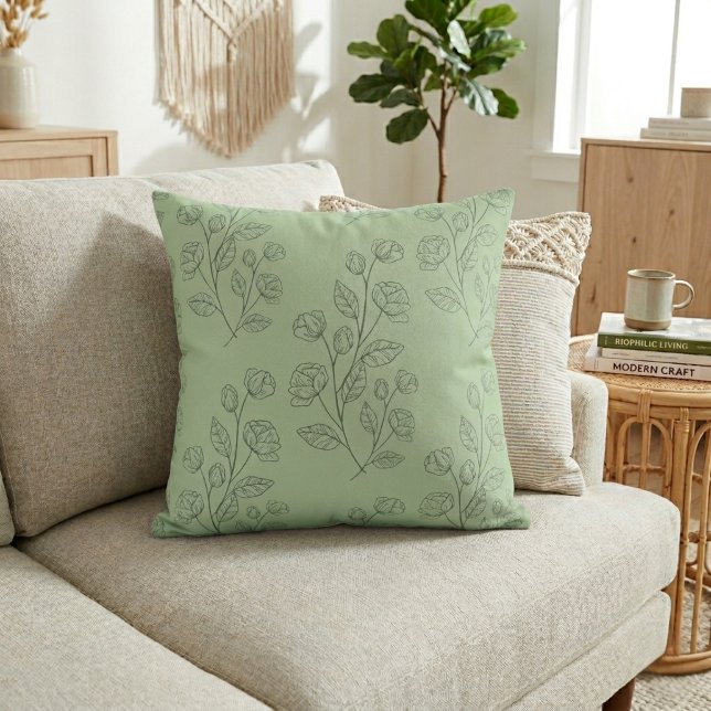 Simple Modern Green Floral Pattern On Green Throw Pillow (Creator Uploaded)