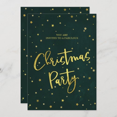 Simple Modern Green  Gold Stars Christmas Party Invitation