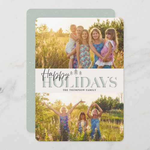 Simple Modern Green Happy Holidays Two Pictures Holiday Card