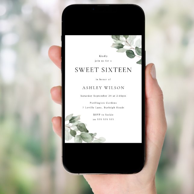 Simple Modern Green Leaf Sweet 16 Birthday Invitation (Front Digital)