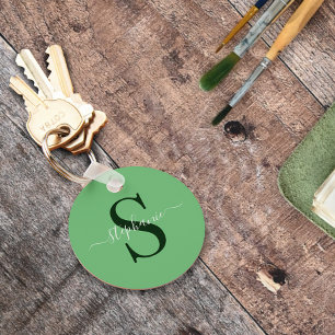 Simple Modern Green Monogram Initial First Name Keychain