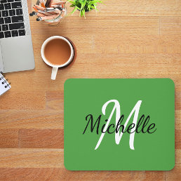 Simple Modern Green Monogram Initial + Name Mouse Pad