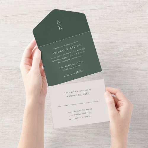 Simple Modern Green Monogram Wedding All In One Invitation