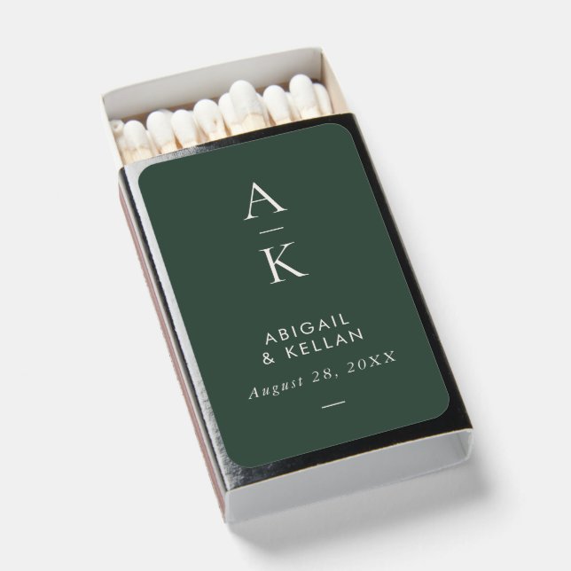 Simple Modern Green Monogram Wedding Matchboxes (Front Open)