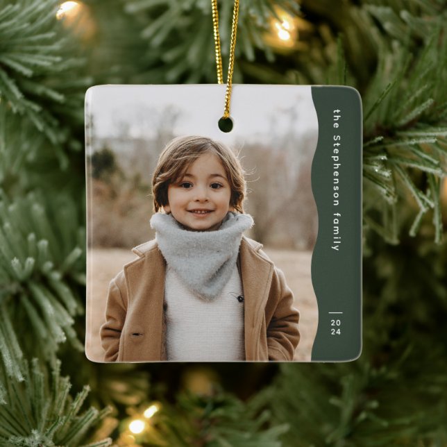 Simple modern green one photo trendy holiday ceramic ornament (Tree)