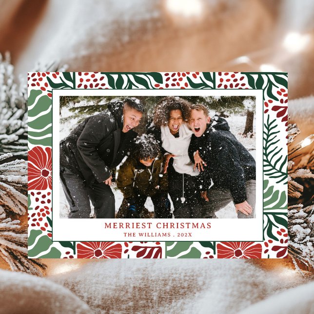 Simple Modern Green Red Pattern Photo Christmas Holiday Card (Creator Uploaded)