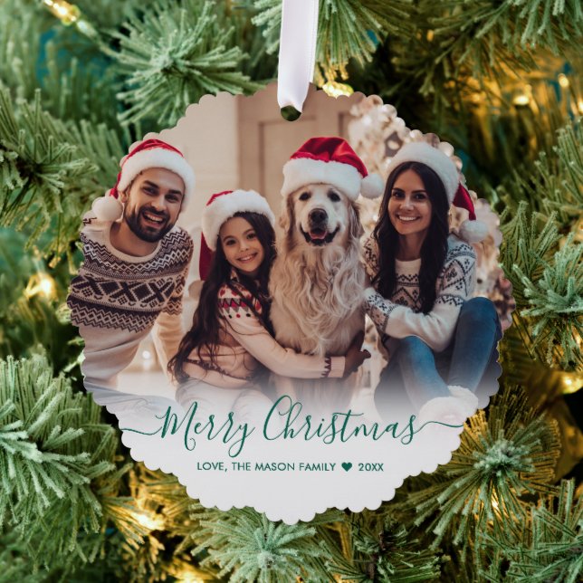 Simple Modern Green Script 2 Photo Christmas Ornament Card (Insitu (Tree))