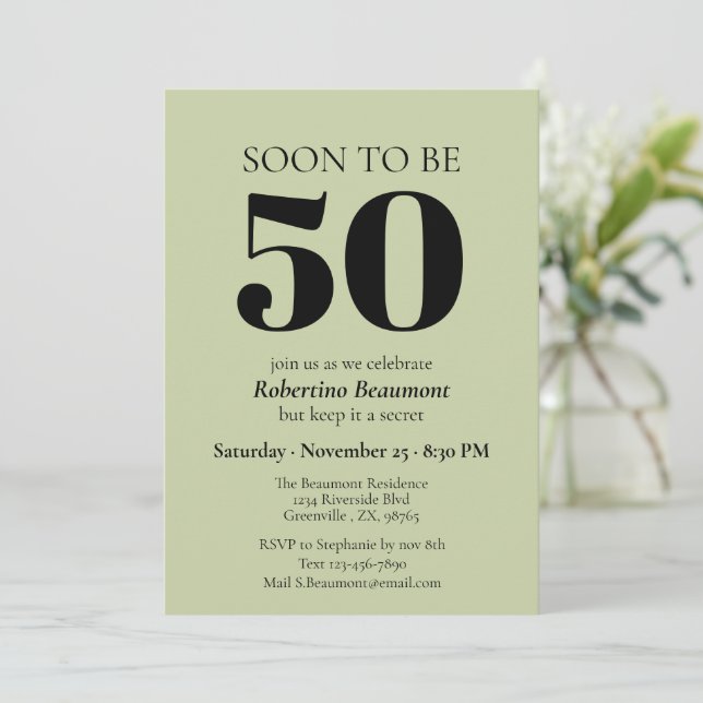 Simple Modern Green Surprise 50th Birthday Party Invitation (Standing Front)