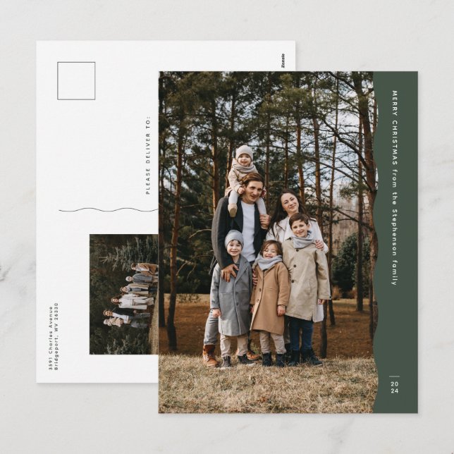 Simple modern green two-photo wavy edge Christmas Holiday Postcard (Front/Back)