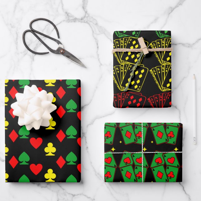 Simple Modern Green Yellow Red Playing Cards Wrapping Paper Sheets (Front)