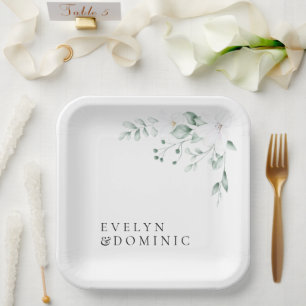 Simple Modern Greenery Foliage Wedding Party Paper Plates
