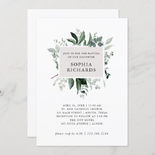 Simple Modern Greenery Gender Neutral Baptism Invitation
