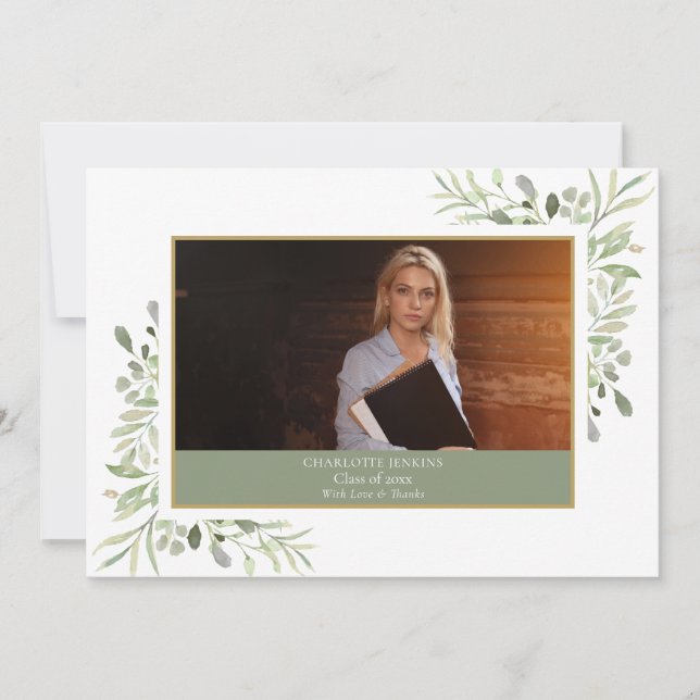 Simple Modern Greenery Graduation Photo  Thank You Card (Front)