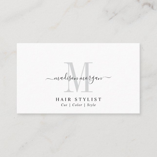 Simple Modern Hair Stylist Script Monogram Business Card (Front)