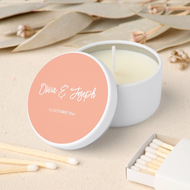 Simple Modern Hand Sketched Script Peach and White Mini Candle Favors (Insitu)