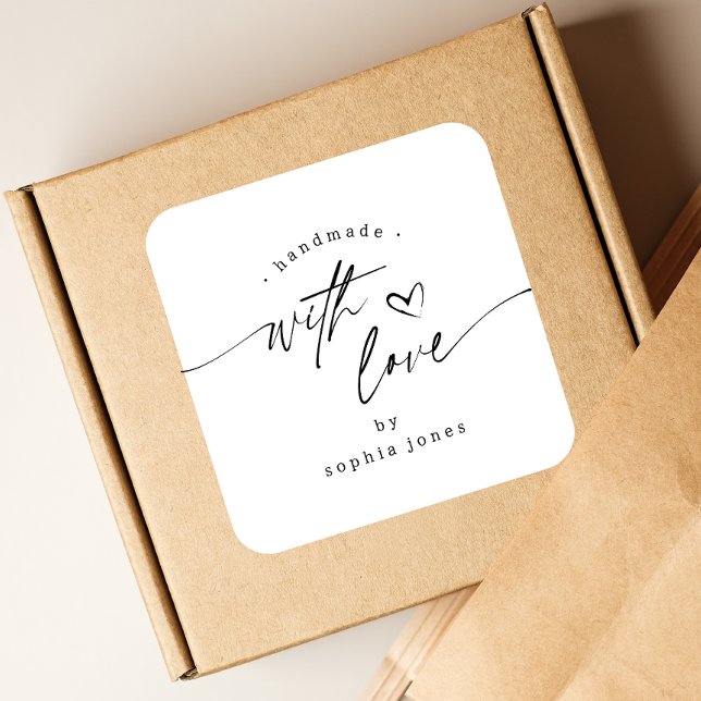 Simple Modern Handmade with Love Script Name Square Sticker (Creator Uploaded)