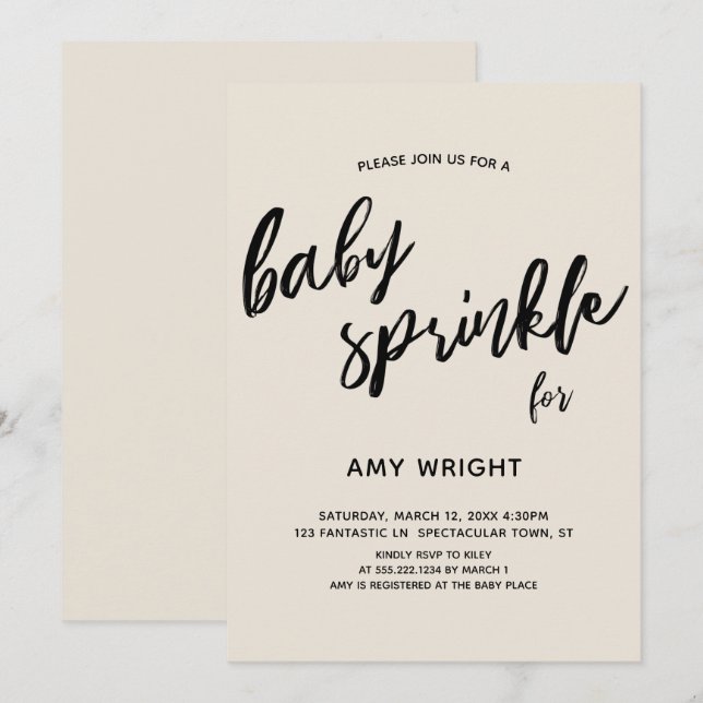 Simple Modern Handwriting Baby Sprinkle Cream Invitation (Front/Back)