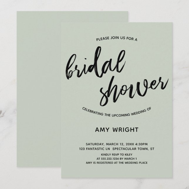 Simple, Modern Handwriting Bridal Shower in Sage Invitation (Front/Back)
