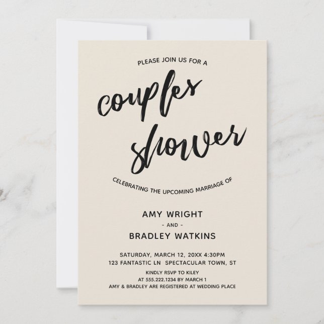 Simple, Modern Handwriting Cream Couples Shower Invitation (Front)