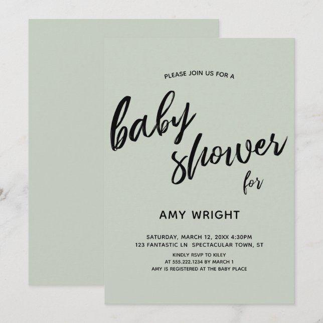 Simple, Modern Handwriting Sage Green Baby Shower Invitation (Front/Back)