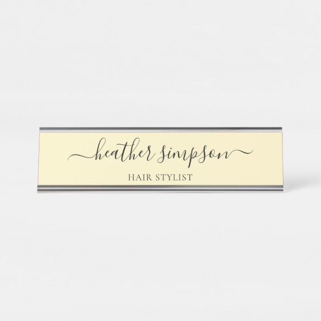 Simple Modern Handwritten Pastel Yellow Desk Name Plate (Front)