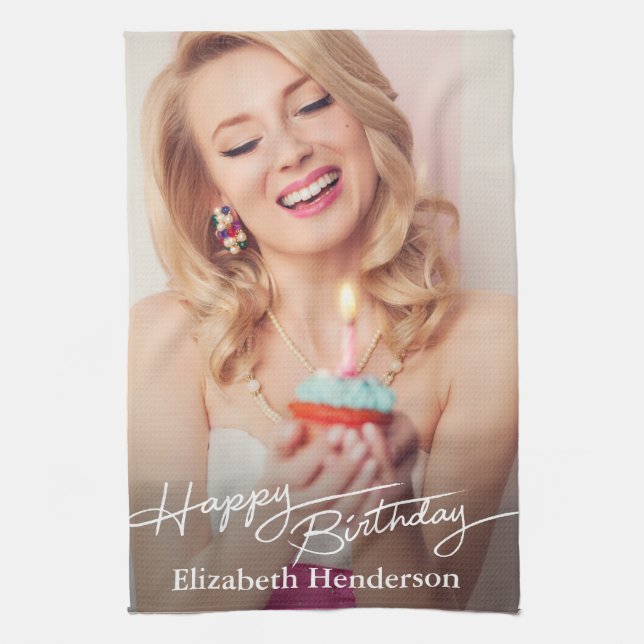 Simple Modern Happy Birthday Photo Kitchen Towel (Vertical)