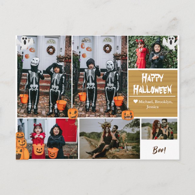Simple Modern Happy Halloween photo family collage Holiday Postcard (Front)