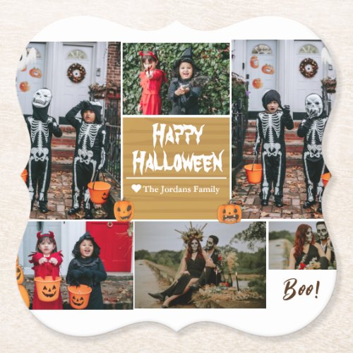 Simple Modern Happy Halloween photo family collage Paper Coaster