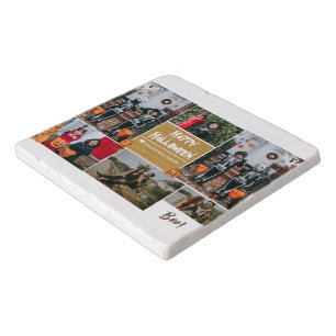 Simple Modern Happy Halloween photo family collage Trivet