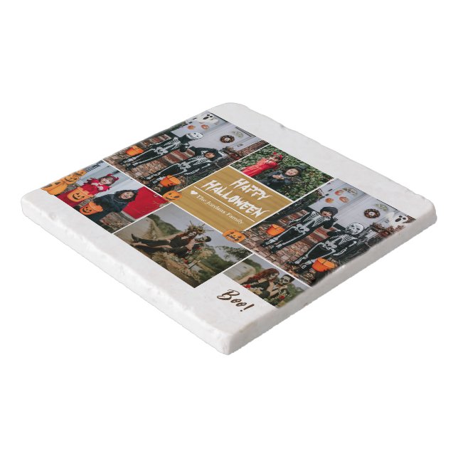 Simple Modern Happy Halloween photo family collage Trivet (Corner)