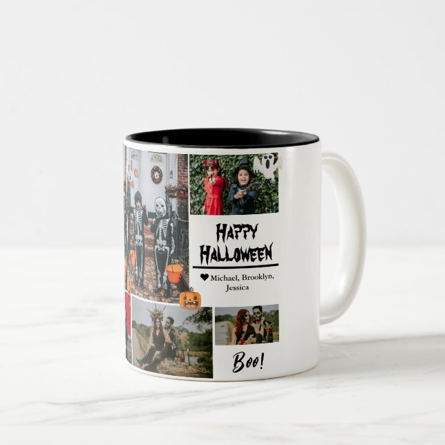 Simple Modern Happy Halloween photo family collage Two-Tone Coffee Mug (Front Right)
