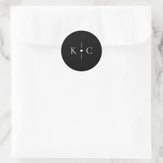 Simple Modern Heart Initials Black & White Wedding Classic Round Sticker (Bag)