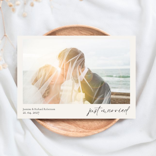 Simple Modern Heart Just Married Wedding Photo Thank You Card (Creator Uploaded)