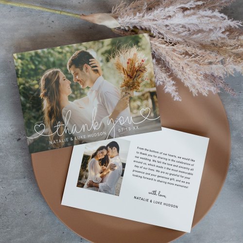 Simple Modern Heart Script Wedding Photo Thank You Card