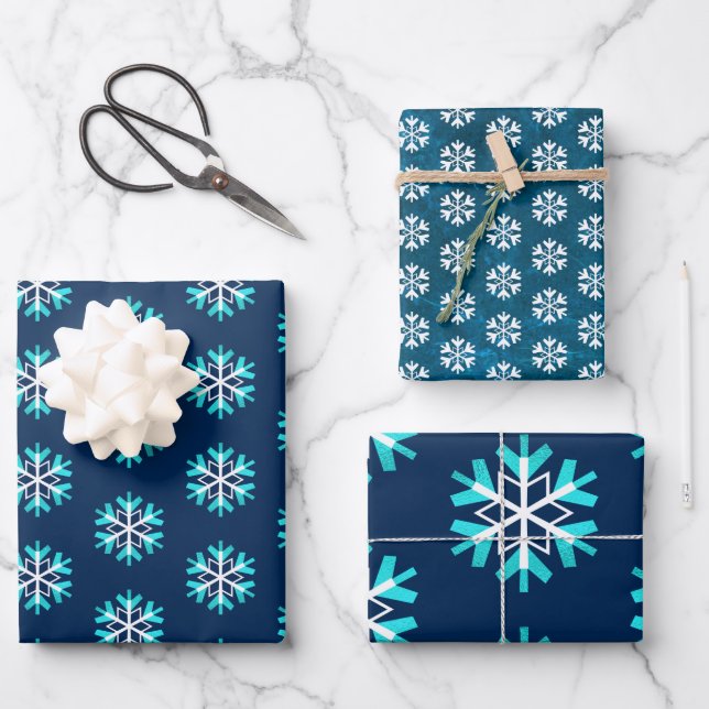 Simple modern holiday turquoise white snowflake wrapping paper sheets (Front)