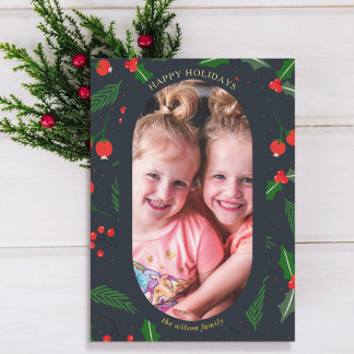 Simple Modern Holly Berries Photo Foil Holiday Card