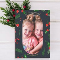 Simple Modern Holly Berries Photo Foil Holiday Postcard