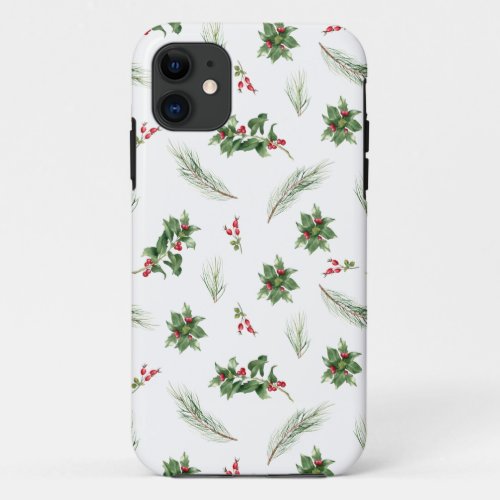 Simple Modern Holly Berry Christmas Pattern iPhone 11 Case