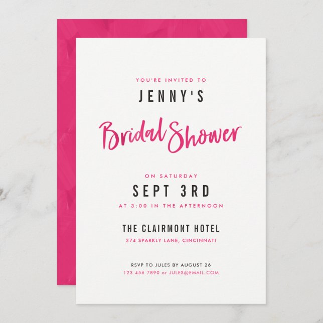 Simple Modern Hot Pink Bridal Shower Invitations (Front/Back)