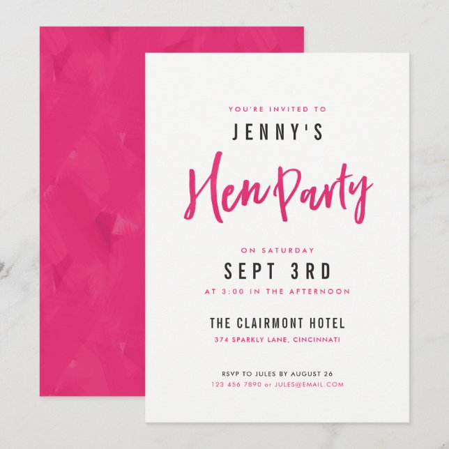 Simple Modern Hot Pink Hen Party Invites (Front/Back)