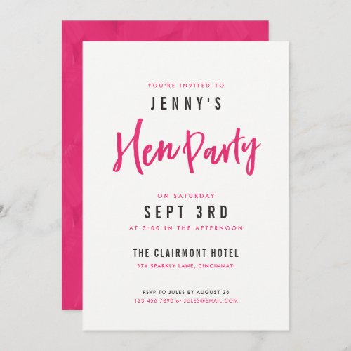 Simple Modern Hot Pink Hen Party Invites
