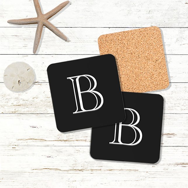 Simple Modern Initial Chic Letter Black and White  Beverage Coaster (Creator Uploaded)