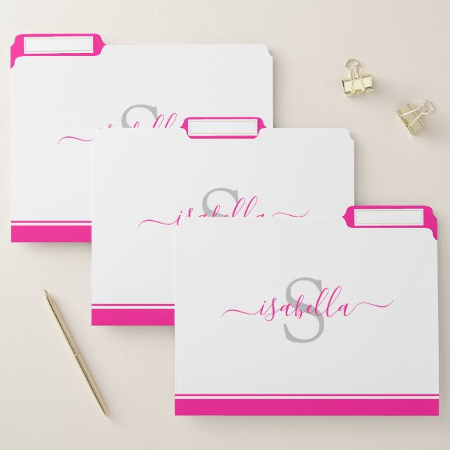Simple Modern Initial Monogram Elegant Hot Pink File Folder (Set)