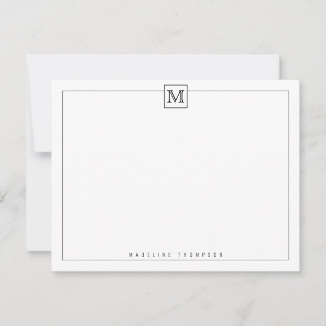 Simple Modern Initial Monogram Square Border Black Note Card (Front)