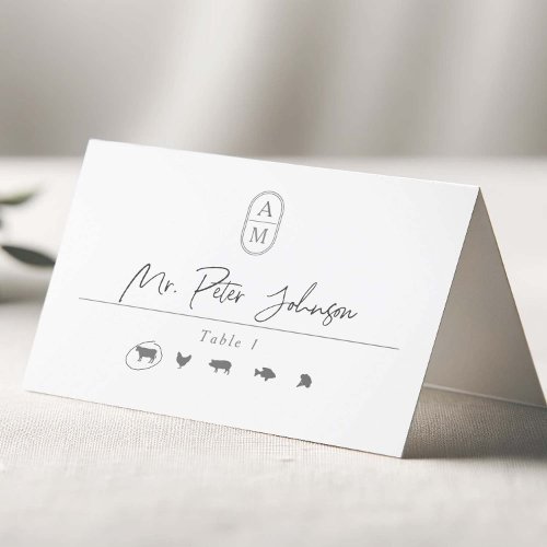 Simple modern initials with meal options wedding place card