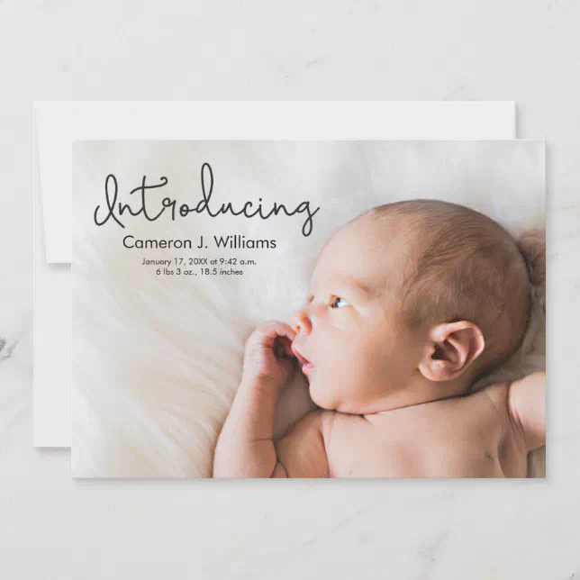 Simple Modern Introducing Script Baby photo Announcement | Zazzle