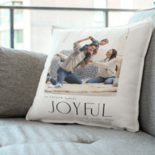 Simple Modern Joyful Family 2 Photo Christmas Throw Pillow